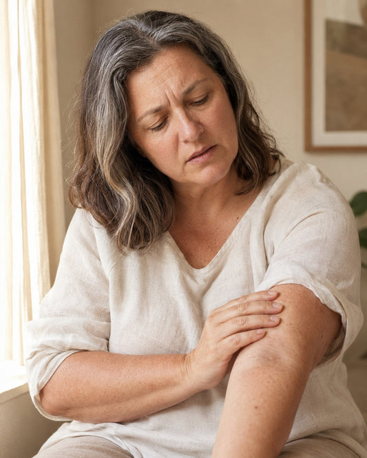 Woman touching her face, representing perimenopause itchy skin and hormonal skin changes